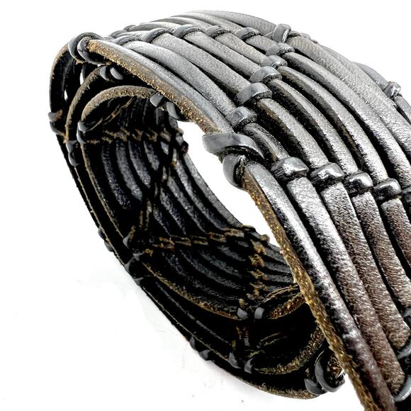 Vintage Brighton Black Leather Woven Belt Silver Buckle Size XL 36 main image 8